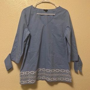 Talbots Popover Top Tie 3/4 Cuffs Embroidery Hem Womens size L